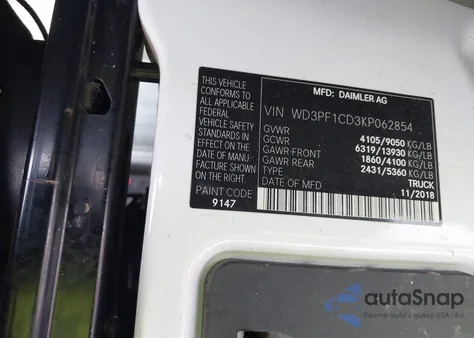 2019 Mercedes-Benz Sprinter 2500 High Roof V6 из США, поврежденный, VIN WD3PF1CD3KP062854